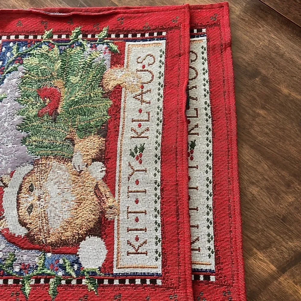 Vintage Set (2) Tapestry Rectangle Christmas Kitty Klaus Cotton Blend Placemats